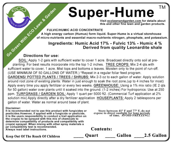 Label image of Eco Super Hume Humic Acid. A highly concentrated form of liquefied organic carbon for the soil